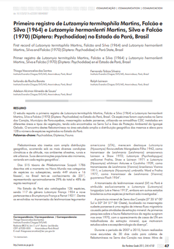 Primeiro registro de Lutzomyia termitophila Martins, Falcão e Silva (1964) e Lutzomyia hermanlenti Martins, Silva e Falcão(1970)(Diptera: Psychodidae) no Estado do Pará, Brasil