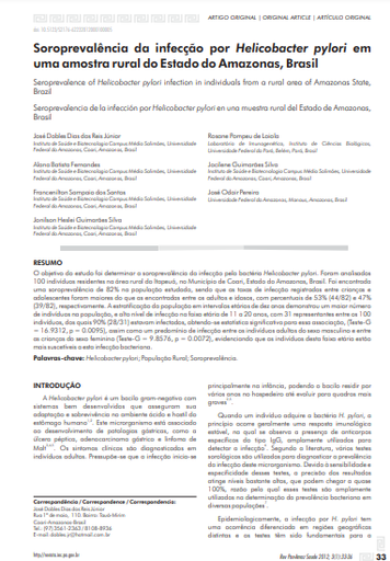 Soroprevalência da infecção por Helicobacter pylori em uma amostra rural do Estado do Amazonas, Brasil