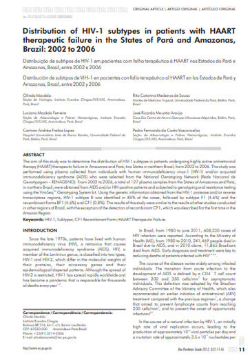 Distribuição de subtipos de HIV-1 em pacientes com falha terapêutica à HAART nos Estados do Pará e Amazonas, Brasil, entre 2002 e 2006