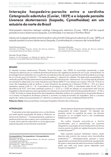 Interação hospedeiro-parasita entre a sardinha Cetengraulis edentulus (Cuvier, 1829) e o isópode parasita Livoneca desterroensis (Isopoda, Cymothoidae) em um estuário do norte do Brasil