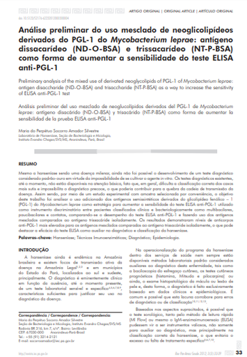Análise preliminar do uso mesclado de neoglicolipídeos derivados do PGL-1 do Mycobacterium leprae: antígeno dissacarídeo (ND-O-BSA) e trissacarídeo (NT-P-BSA) como forma de aumentar a sensibilidade do teste ELISA anti-PGL-1