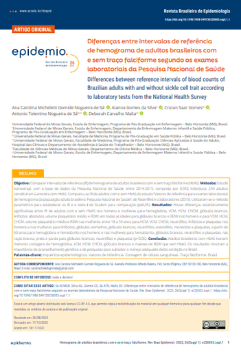Differences between reference intervals of blood counts of Brazilian adults with and without sickle cell trait according to laboratory tests from the National Health Survey