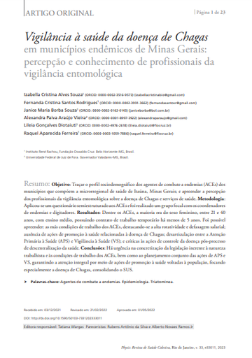 Vigilância à saúde da doença de Chagas em municípios endêmicos de Minas Gerais: percepção e conhecimento de profissionais da vigilância entomológica