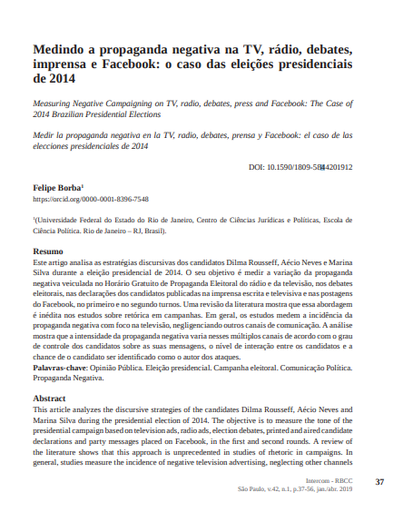 Medindo a propaganda negativa na TV, rádio, debates, imprensa e Facebook: o caso das eleições presidenciais de 2014