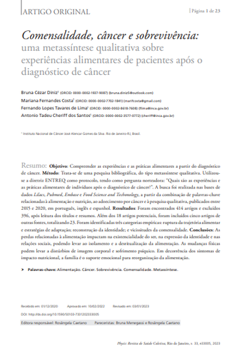 Comensalidade, câncer e sobrevivência: uma metassíntese qualitativa sobre experiências alimentares de pacientes após o diagnóstico de câncer