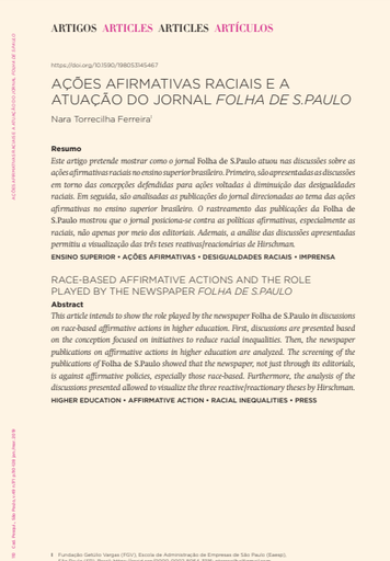 AÇÕES AFIRMATIVAS RACIAIS E A ATUAÇÃO DO JORNAL FOLHA DE S.PAULO
