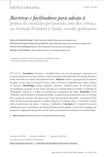 Barreiras e facilitadores para adesão à prática de exercícios por pessoas com dor crônica na Atenção Primária à Saúde: estudo qualitativo