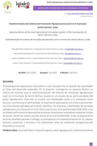 Implementación del Sistema de Innovación Agropecuaria Local en el municipio de Sancti Spíritus, Cuba