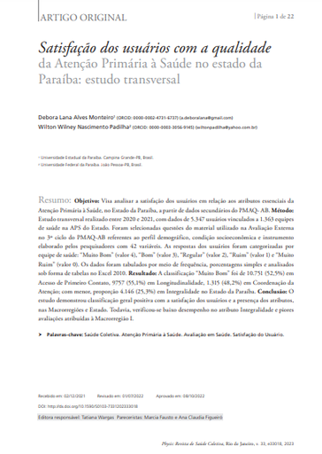 Satisfação dos usuários com a qualidade da Atenção Primária à Saúde no estado da Paraíba: estudo transversal