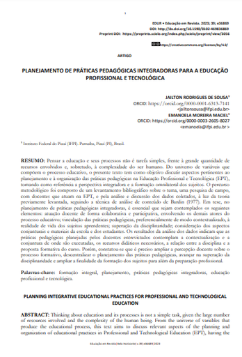 PLANEJAMENTO DE PRÁTICAS PEDAGÓGICAS INTEGRADORAS PARA A EDUCAÇÃO PROFISSIONAL E TECNOLÓGICA