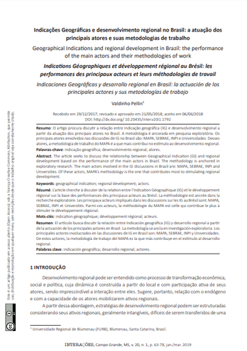 Indicações Geográficas e desenvolvimento regional no Brasil: a atuação dos principais atores e suas metodologias de trabalho
