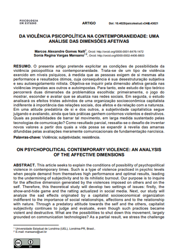 DA VIOLÊNCIA PSICOPOLÍTICA NA CONTEMPORANEIDADE: UMA ANÁLISE DAS DIMENSÕES AFETIVAS