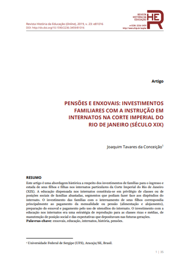 PENSÕES E ENXOVAIS: INVESTIMENTOS FAMILIARES COM A INSTRUÇÃO EM INTERNATOS NA CORTE IMPERIAL DO RIO DE JANEIRO (SÉCULO XIX)