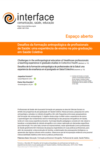 Desafios da formação antropológica de profissionais de Saúde: uma experiência de ensino na pós-graduação em Saúde Coletiva