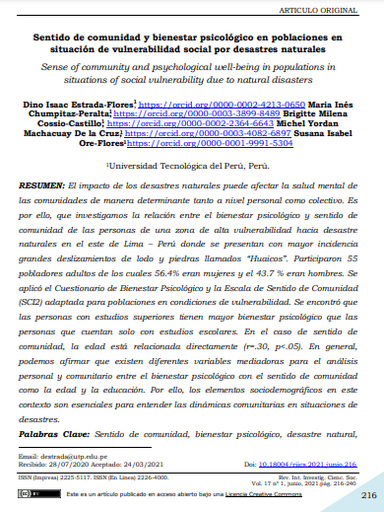 Sentido de comunidad y bienestar psicológico en poblaciones en situación de vulnerabilidad social por desastres naturales