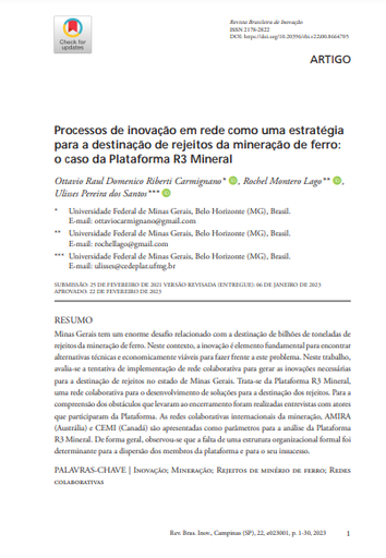 Processos de inovação em rede como uma estratégia para a destinação de rejeitos da mineração de ferro: o caso da Plataforma R3 Mineral