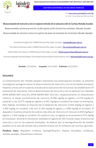 Bioacumulación de mercurio y zinc en especies ictícolas de la subcuenca del río Carrizal, Manabí, Ecuador.