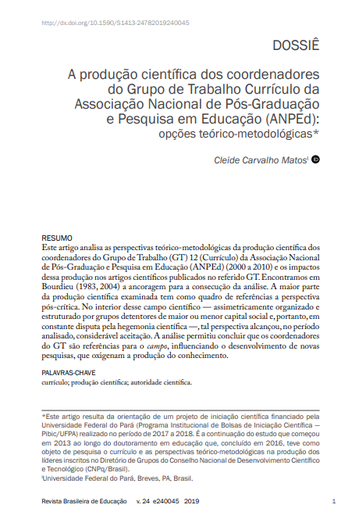 A produção científica dos coordenadores do Grupo de Trabalho Currículo da Associação Nacional de Pós-Graduação e Pesquisa em Educação (ANPEd): opções teórico-metodológicas