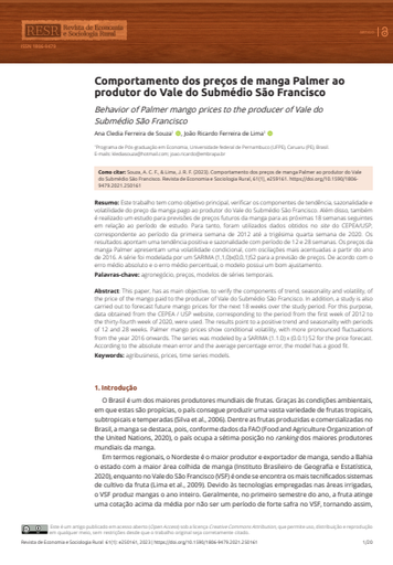 Comportamento dos preços de manga Palmer ao produtor do Vale do Submédio São Francisco