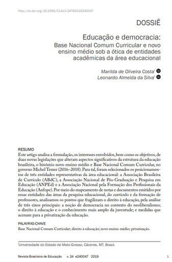 Educação e democracia: Base Nacional Comum Curricular e novo ensino médio sob a ótica de entidades acadêmicas da área educacional