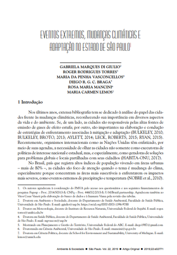 EXTREME EVENTS, CLIMATE CHANGE AND ADAPTATION IN THE STATE OF SÃO PAULO