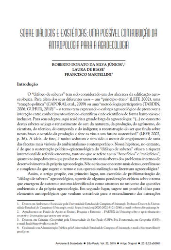 ON DIALOGUES AND EXISTENCES: A POSSIBLE CONTRIBUTION OF ANTHROPOLOGY TO AGROECOLOGY