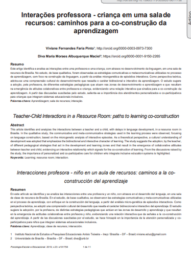 Interações professora - criança em uma sala de recursos: caminhos para a co-construção da aprendizagem