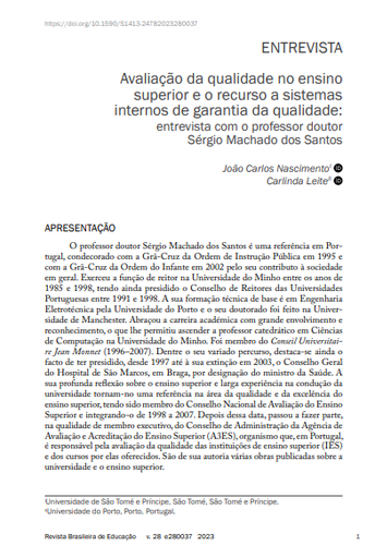 Avaliação da qualidade no ensino superior e o recurso a sistemas internos de garantia da qualidade: entrevista com o professor doutor Sérgio Machado dos Santos