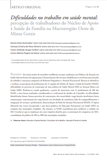 Dificuldades no trabalho em saúde mental: percepção de trabalhadores do Núcleo de Apoio à Saúde da Família na Macrorregião Oeste de Minas Gerais