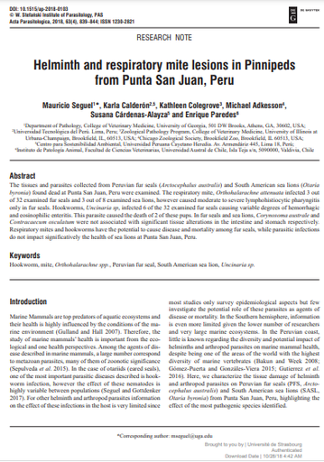 Helminth and respiratory mite lesions in Pinnipeds from Punta San Juan, Peru