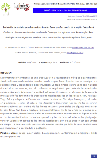 Evaluación de metales pesados en ríos y truchas Oncorhynchus mykiss de la región Pasco, Perú.