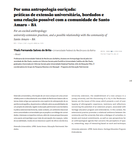 Por uma antropologia ouriçada: práticas de extensão universitária, bordados e uma relação possível com a comunidade de Santo Amaro – BA