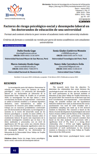 Factores de riesgo psicológico-social y desempeño laboral en los doctorandos de educación de una universidad