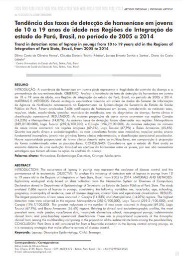 Tendência das taxas de detecção de hanseníase em jovens de 10 a 19 anos de idade nas Regiões de Integração do estado do Pará, Brasil, no período de 2005 a 2014