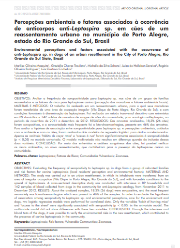 Percepções ambientais e fatores associados à ocorrência de anticorpos anti-Leptospira sp. em cães de um reassentamento urbano no município de Porto Alegre, estado do Rio Grande do Sul, Brasil