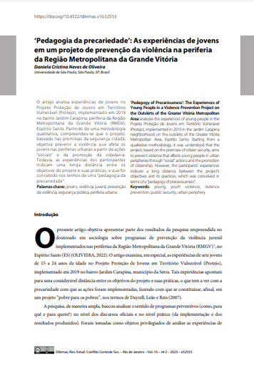 ‘Pedagogia da precariedade’: As experiências de jovens em um projeto de prevenção da violência na periferia da Região Metropolitana da Grande Vitória