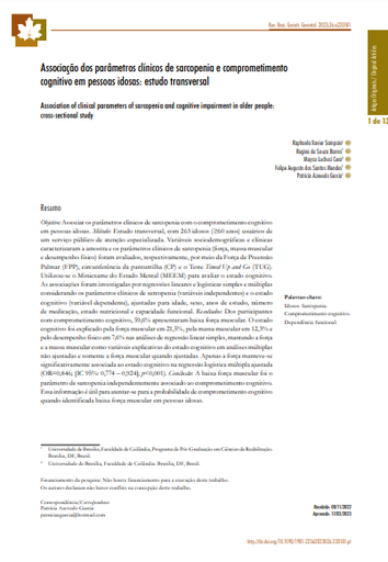 Associação dos parâmetros clínicos de sarcopenia e comprometimento cognitivo em pessoas idosas: estudo transversal