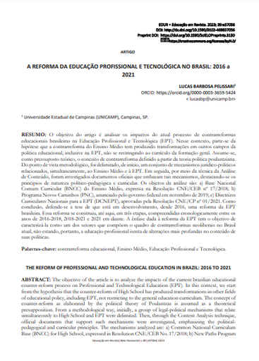 A REFORMA DA EDUCAÇÃO PROFISSIONAL E TECNOLÓGICA NO BRASIL: 2016 a 2021