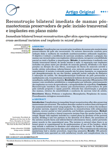 Reconstrução bilateral imediata de mamas pós-mastectomia preservadora de pele: incisão transversal e implantes em plano misto