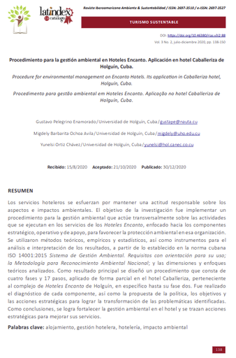 Procedimiento para la gestión ambiental en Hoteles Encanto. Aplicación en hotel Caballeriza de Holguín, Cuba.