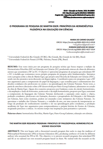 O PROGRAMA DE PESQUISA DE MARTIN EGER: PRINCÍPIOS DA HERMENÊUTICA FILOSÓFICA NA EDUCAÇÃO EM CIÊNCIAS
