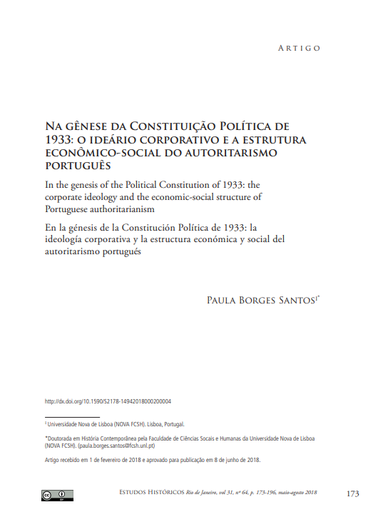 NA GÊNESE DA CONSTITUIÇÃO POLÍTICA DE 1933: O IDEÁRIO CORPORATIVO E A ESTRUTURA ECONÔMICO-SOCIAL DO AUTORITARISMO PORTUGUÊS