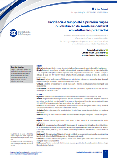 Incidence and time until the first traction or obstruction of the nasoenteral tube in hospitalized adults