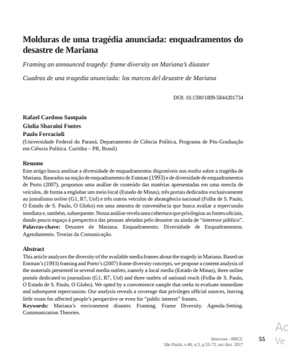 Molduras de uma tragédia anunciada: enquadramentos do desastre de Mariana