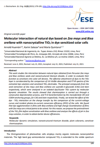 Molecular interaction of natural dye based onZea mays andBixa orellanawith nanocrystalline TiO2in dye sensitized solar cells