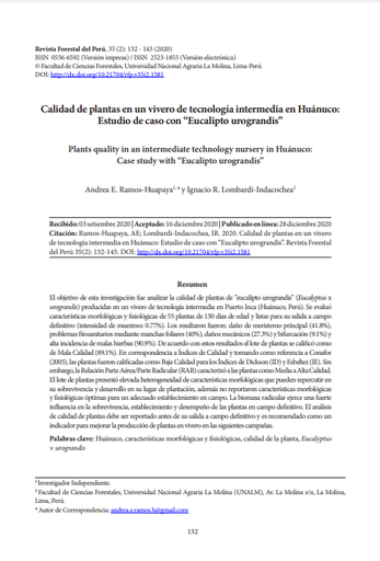 Calidad de plantas en un vivero de tecnología intermedia en Huánuco: Estudio de caso con &quot;Eucalipto urograndis&quot;