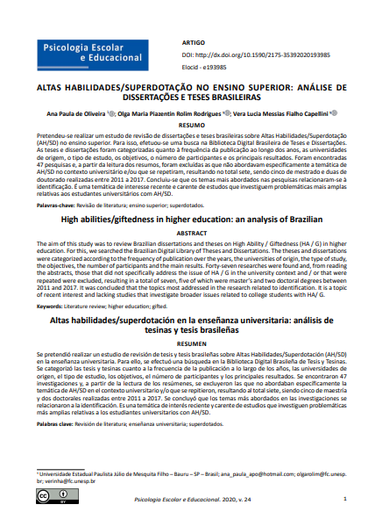 ALTAS HABILIDADES/SUPERDOTAÇÃO NO ENSINO SUPERIOR: ANÁLISE DE DISSERTAÇÕES E TESES BRASILEIRAS