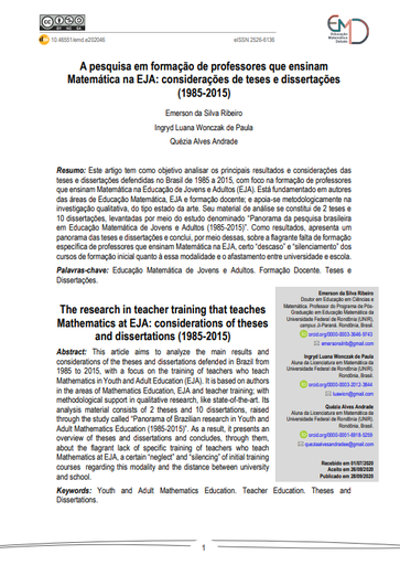 A pesquisa em formação de professores que ensinam Matemática na EJA: considerações de teses e dissertações (1985-2015)