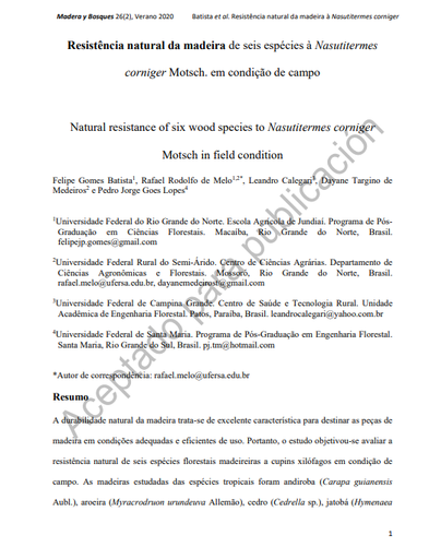 Resistência natural da madeira de seis espécies à Nasutitermes corniger Motsch. em condição de campo