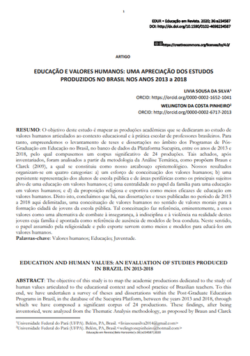 EDUCAÇÃO E VALORES HUMANOS: UMA APRECIAÇÃO DOS ESTUDOS PRODUZIDOS NO BRASIL NOS ANOS 2013 a 2018